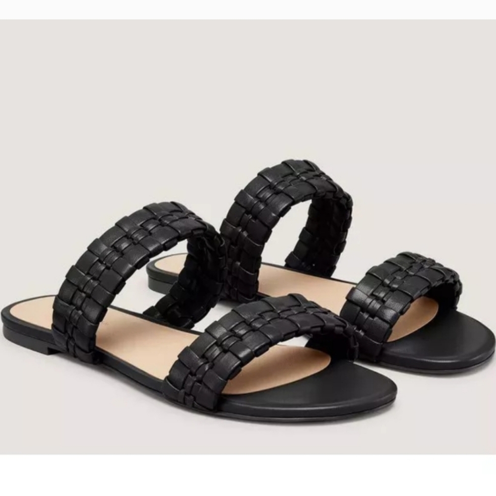 Stuart Weitzman Black Woven Double-Strap Slide Sandals